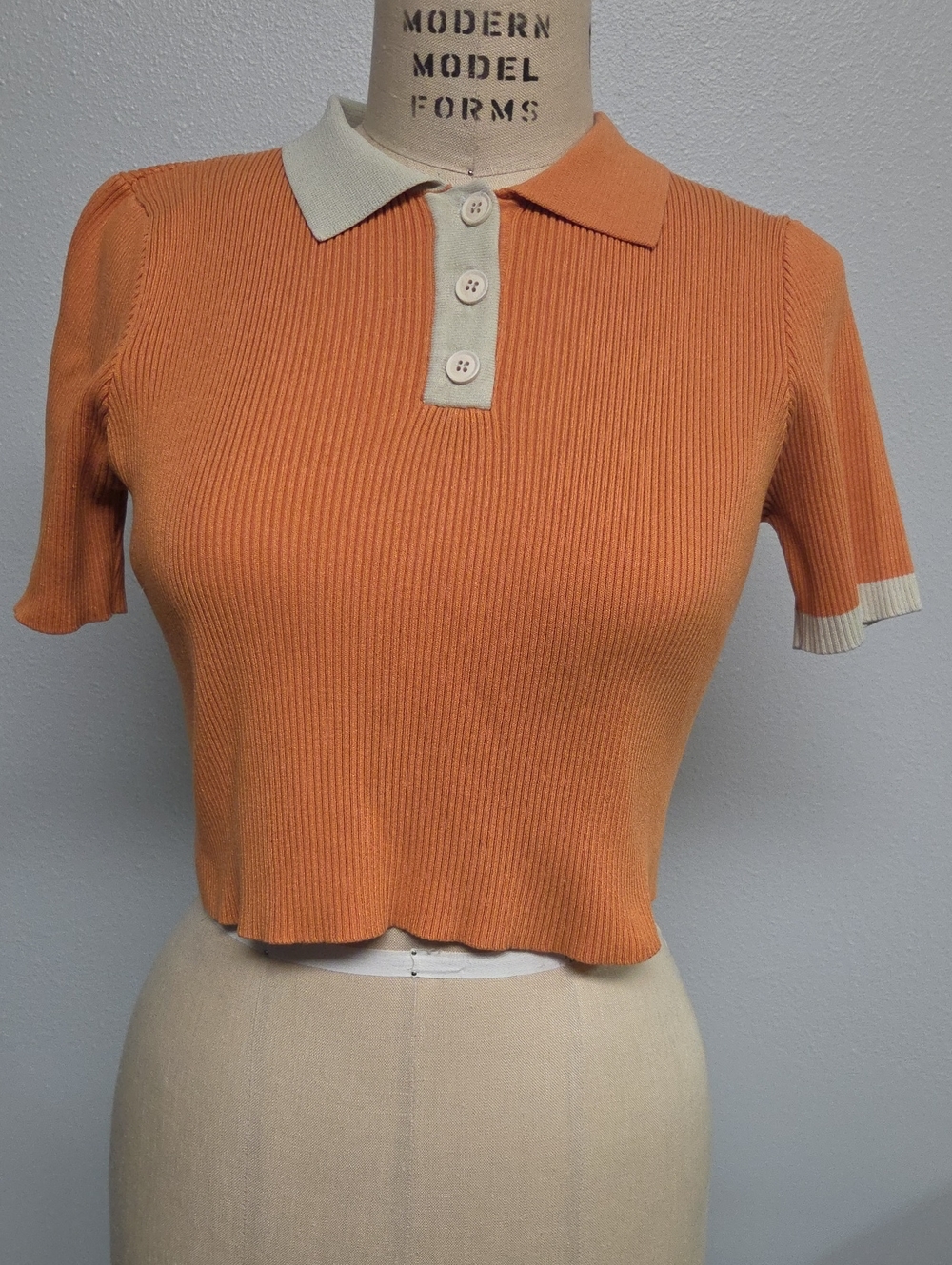 Cider Orange Ribbed Cropped Polo with Cream Trim